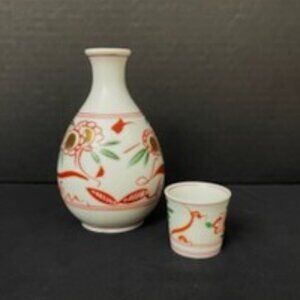 Vintage NEC Sake Set Hand Painted Ceramic Tokkuri Bottle & 1 Guinomi Ochoko Cup
